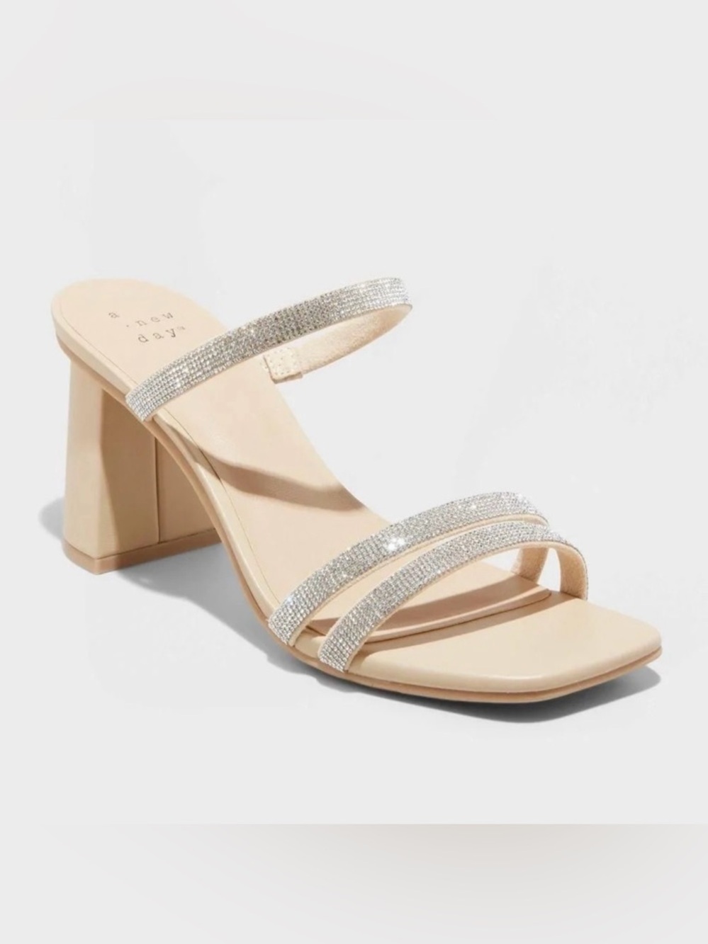 A New Day Stacy Silver Rhinestone Mule Heels Size 11 Block Heel Slip-On Sandals